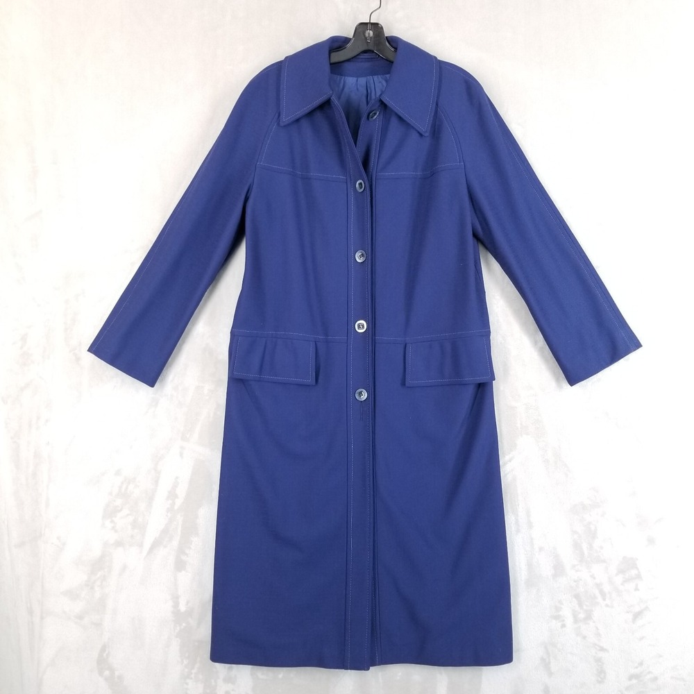 Vintage Smug Trench Coat Women Blue Lined Mod Raincoat 70's Double Knit Dacron